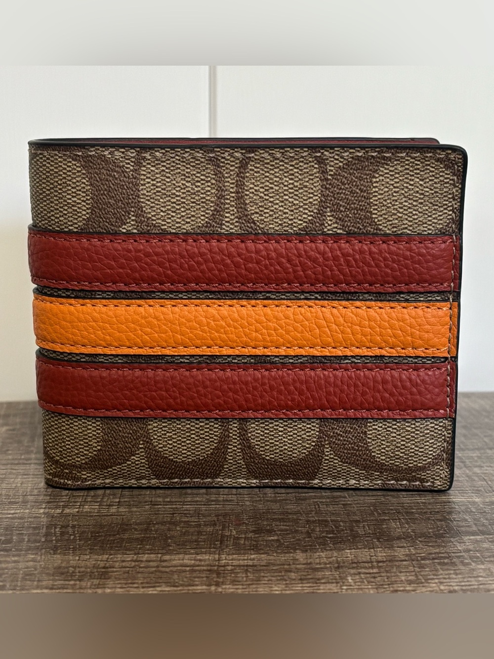 Coach Signature Canvas Bifold Wallet with Red and Orange Stripes